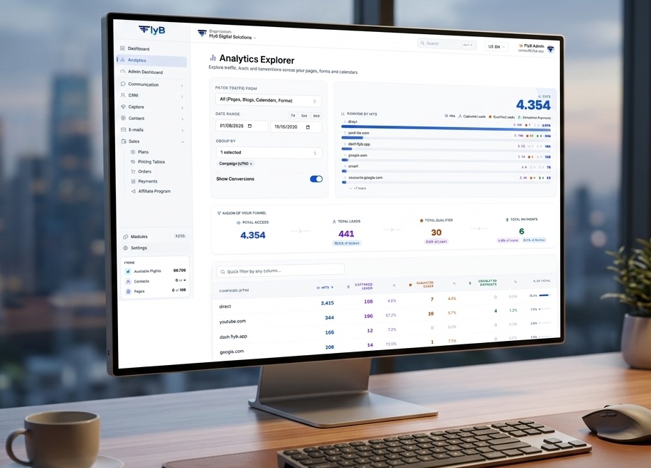 FlyB Analytics Explorer showing visits by source and the funnel of visits, leads, qualified leads and payments