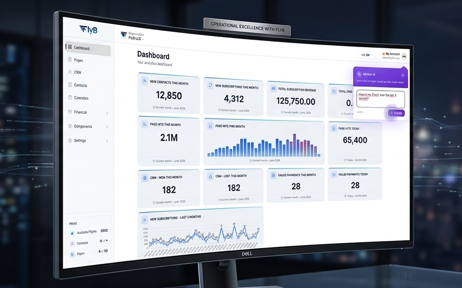 FlyB analytics dashboard showing page views, leads, bookings and revenue in real time